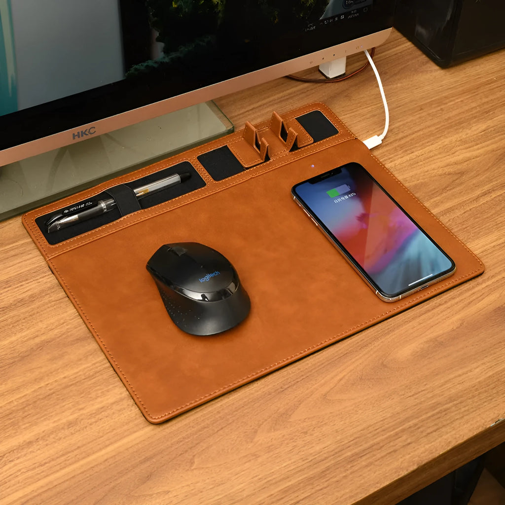 Pink PU leather wireless charging mouse pad with phone holder showing 320x260 mm dimensions