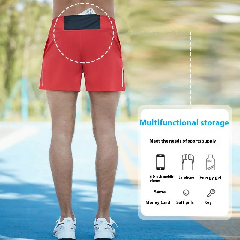 Men's loose fit off-road running shorts in black, shown from front and side.
