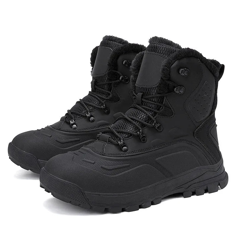 Men's black fleece-lined high-top lace-up boots with a ribbed sole.