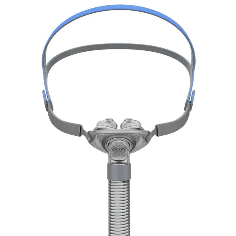 Ventilator nasal pillow mask with silicone cushion and thickened silicone headband on a plastic frame, boxed set