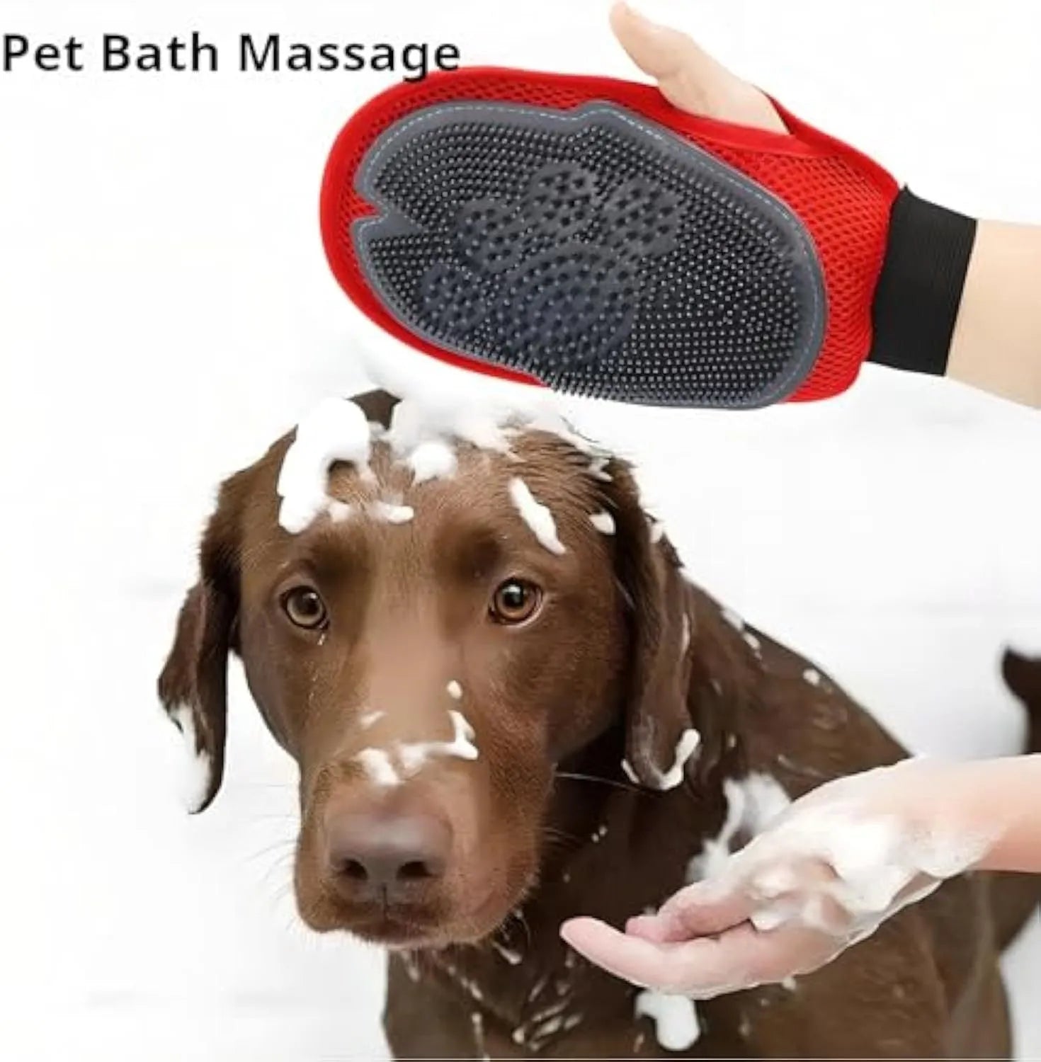 Red pet bathing glove with integrated brush for grooming and hair removal during pet baths.
