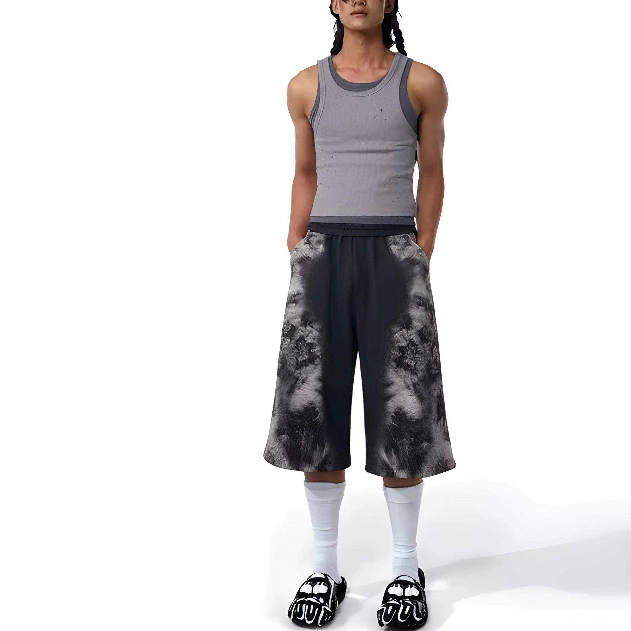 Men's street trend printed loose trousers and hoodie three-piece set in polyester fabric