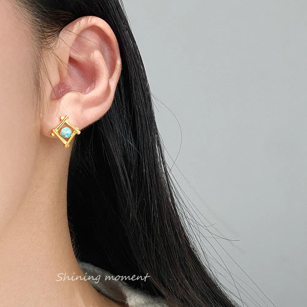 Women's geometric cross quadrangle stud earrings in sterling silver with silver or gold plating