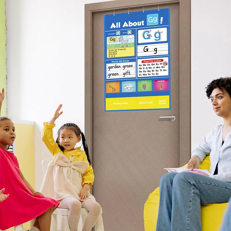 Alphabet learning wall chart measuring 60x40cm with sets of word, letter, picture, and song cards.