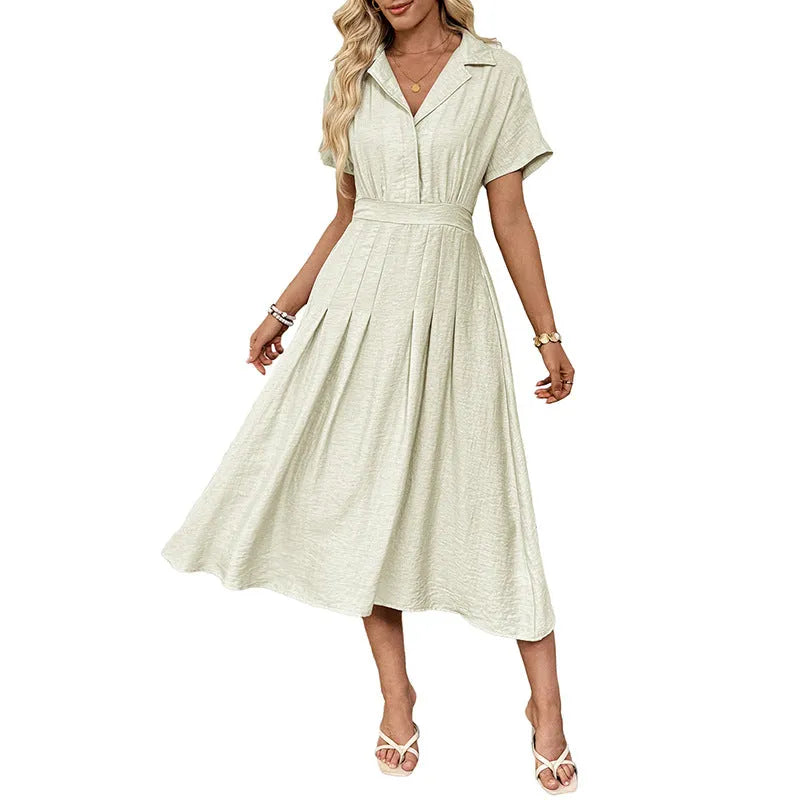 Lapel waist tight pocket shirt dress in light green twill polyester spliced basic style front view