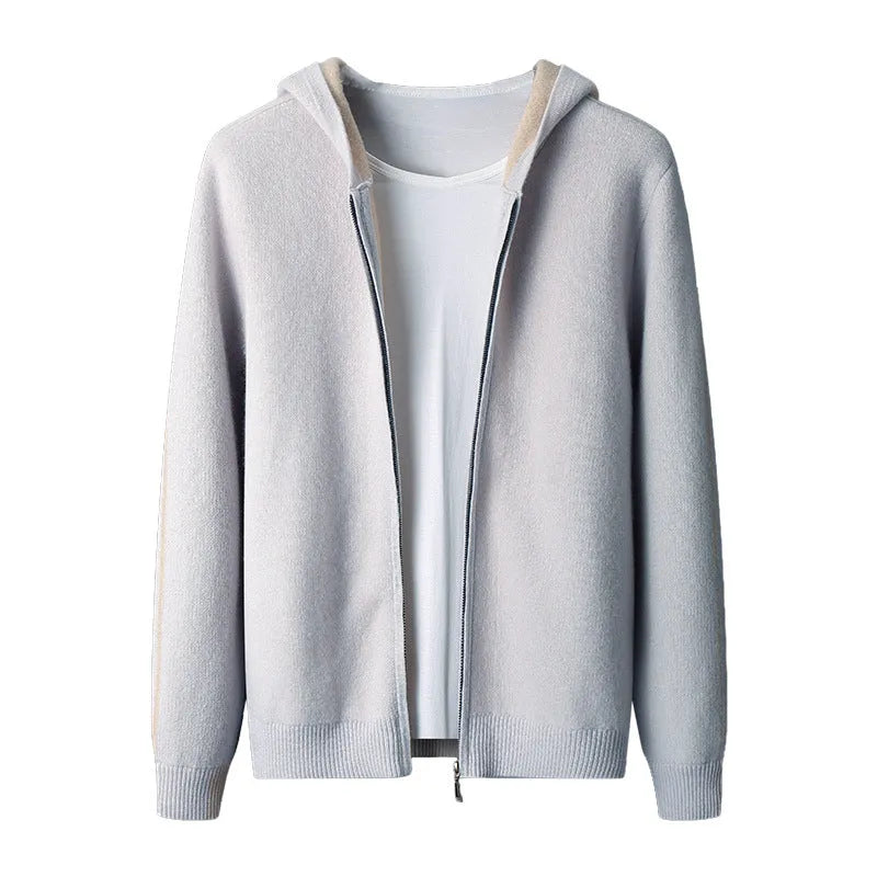 Men's cashmere thickened half-high collar zipper cardigan sweater in dark blue, loose fit, long sleeves