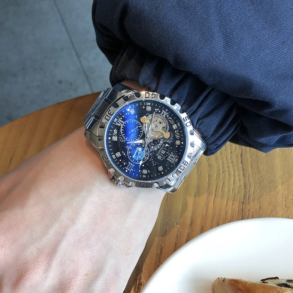 Men's silver case black starry dial automatic mechanical watch with leather strap