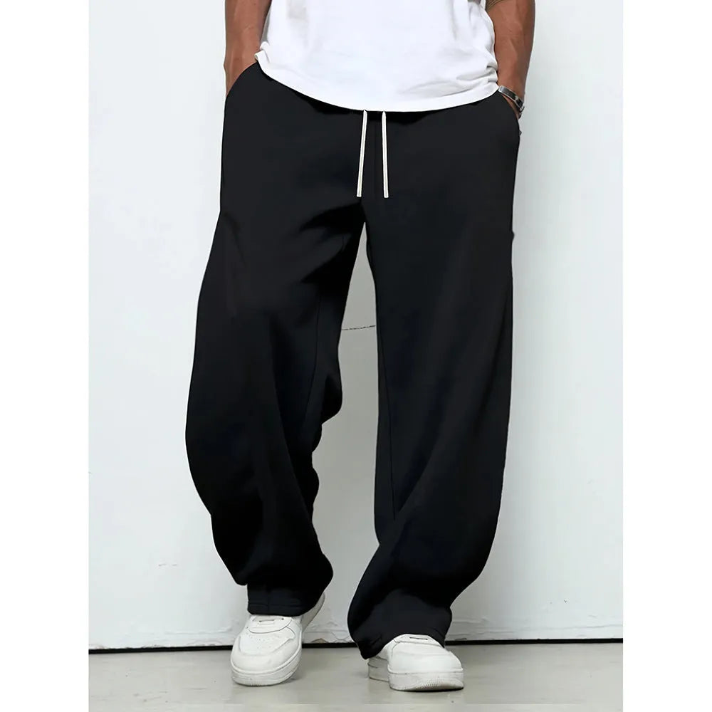 Men's straight leg casual trousers in polyester with drawstring waist in black, dark grey and light grey colours