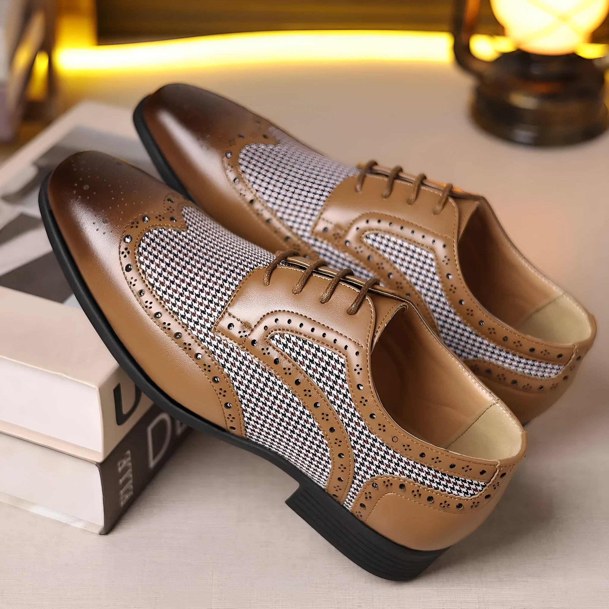 Men's houndstooth plaid casual leather shoes with square toe and lace-up front in four colour options.
