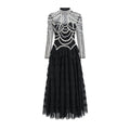Women's black beaded long sleeve dress with three-dimensional decoration and mid-waist design