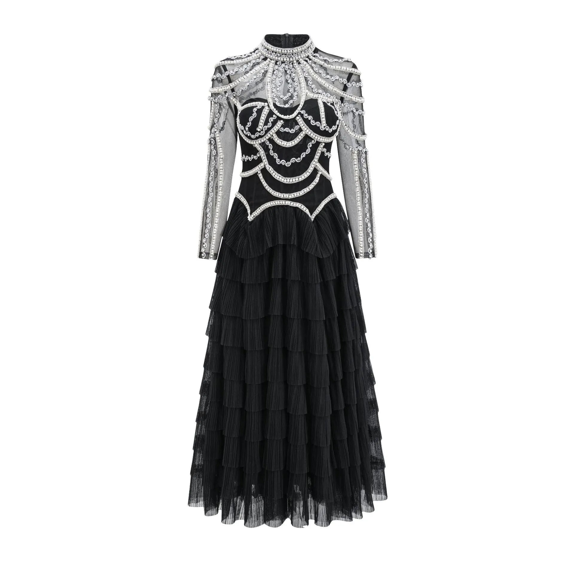 Women's black beaded long sleeve dress with three-dimensional decoration and mid-waist design