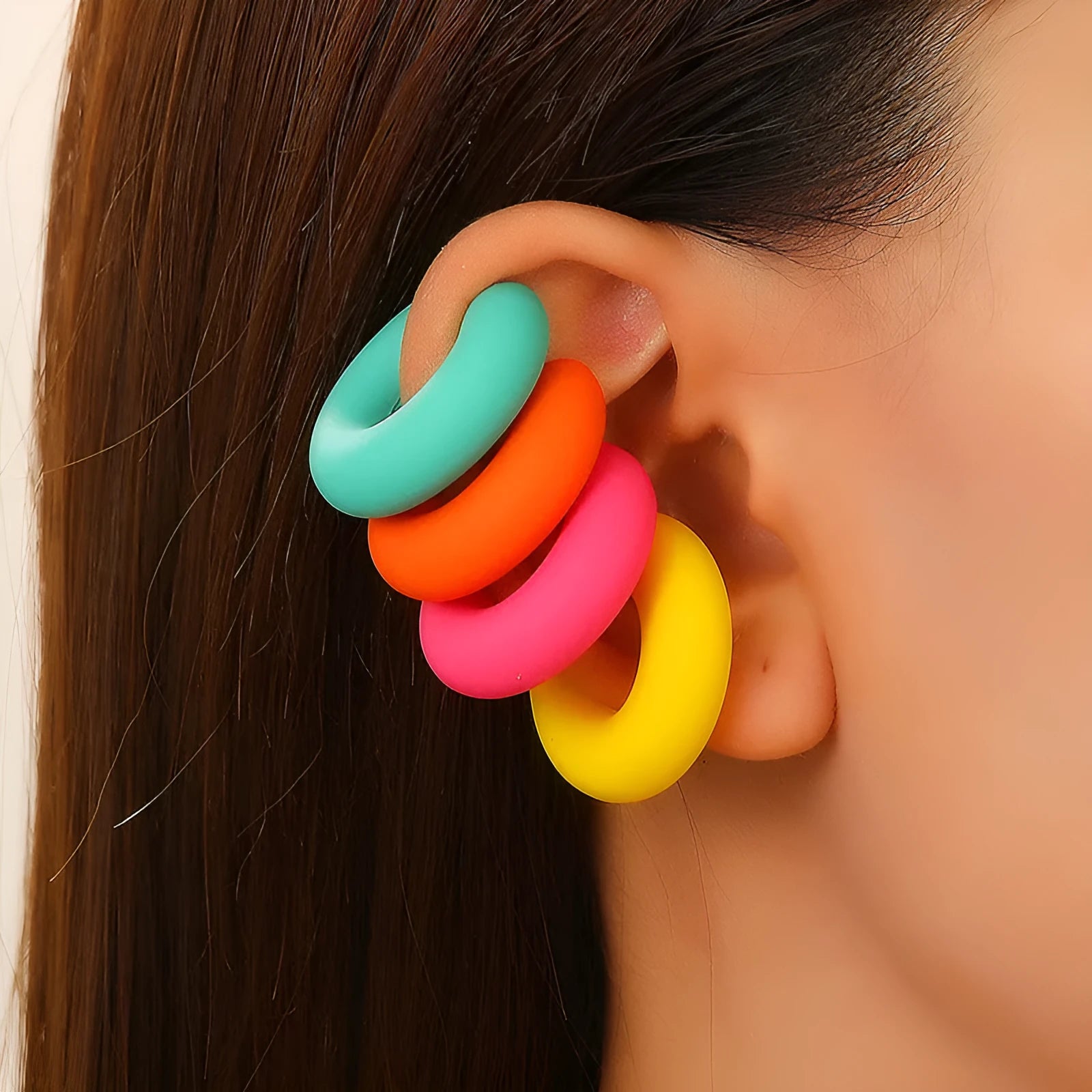 Geometric C-shape matte clip-on earrings for women in multiple candy colours with non-piercing design