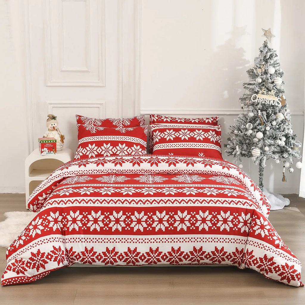 Red Christmas Love Song pattern bed three-piece set with quilt cover and pillowcases on a bed