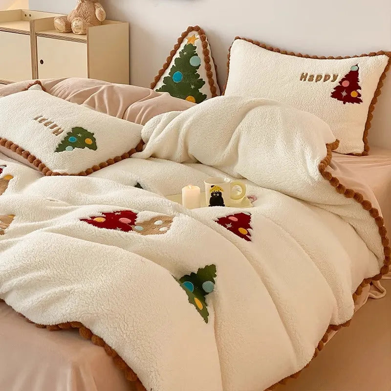 Bright yellow fleece-lined bedding set with cartoon Christmas trees, showing quilt cover and pillowcases.