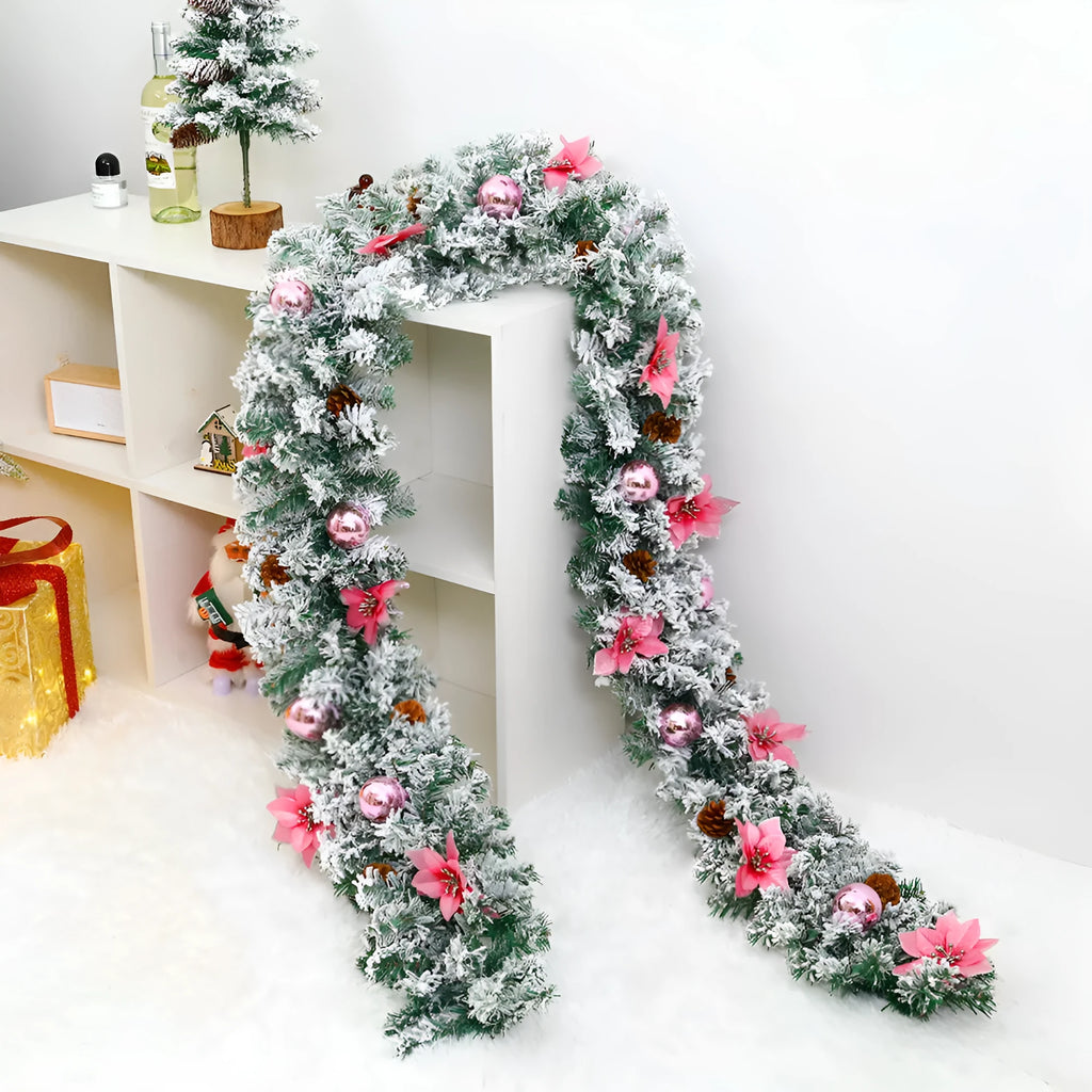 240cm flocked PVC Christmas rattan garland in green with snowy texture