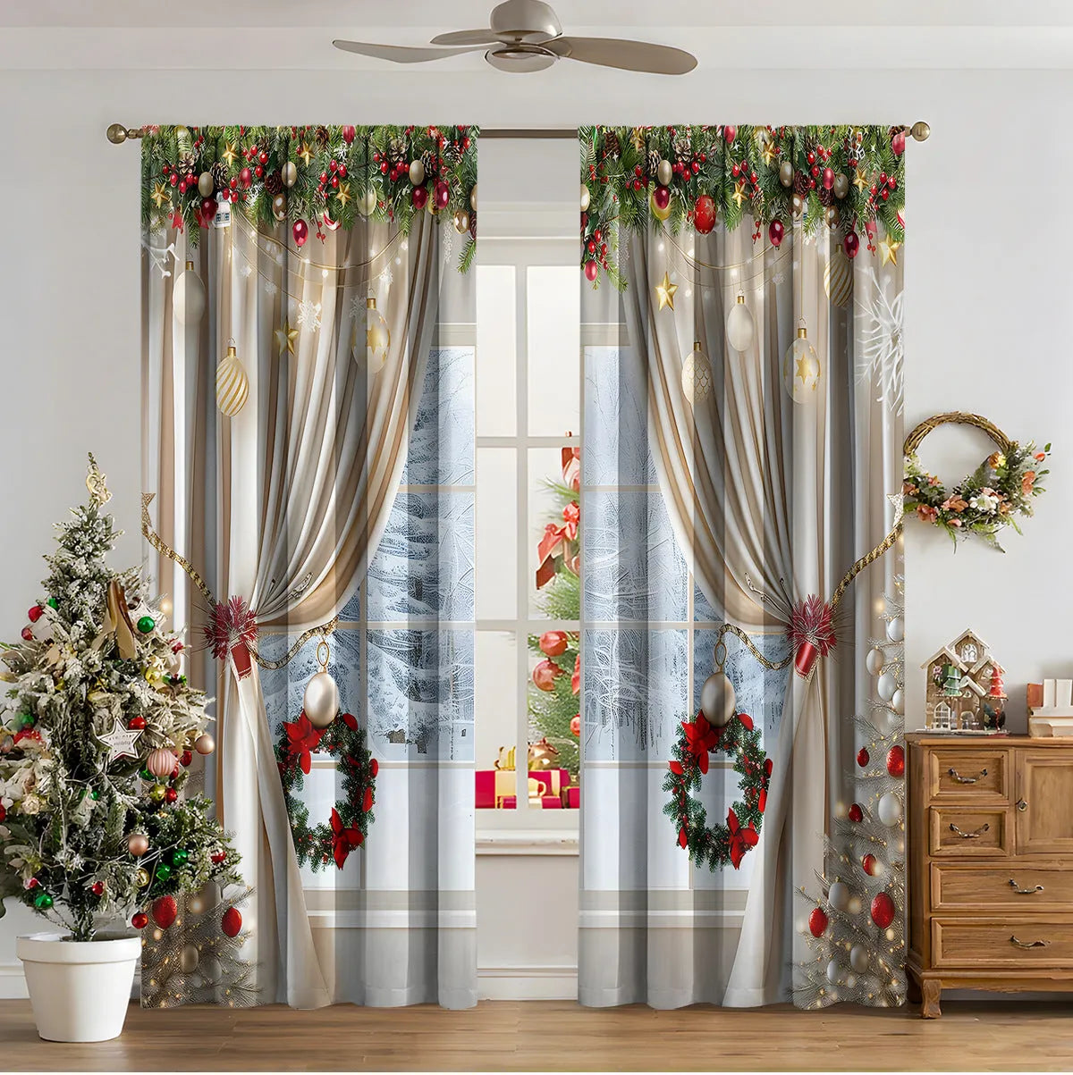 3D digital printed Christmas curtains in polyester with sunshade function and modern design