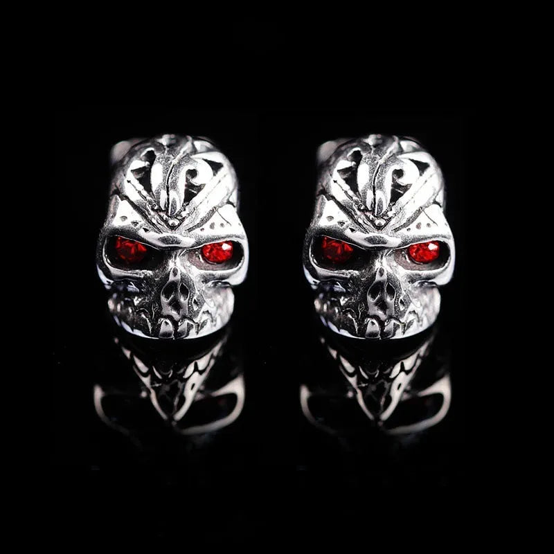 Retro red eye ghost head skull stud earrings with electroplated finish and alloy inlay detailing