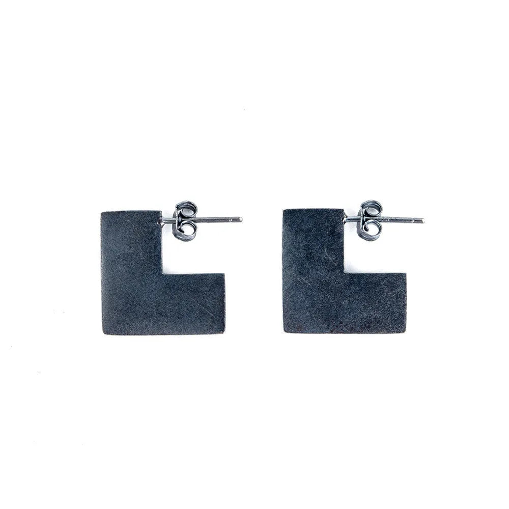 Sterling silver geometric square earrings with oxidation black finish measuring approximately 16mm
