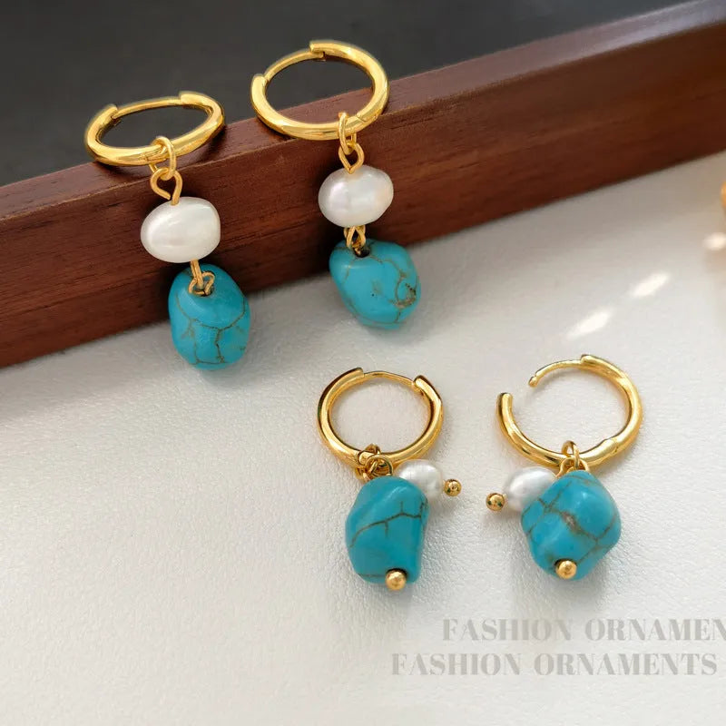 Geometric copper ear clips with irregular turquoise and cultured pearls in short and long lengths