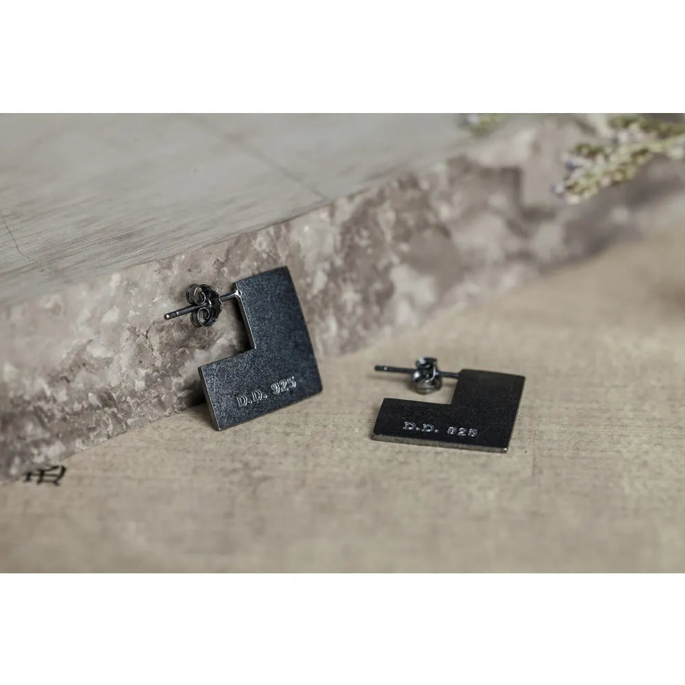 Sterling silver geometric square earrings with oxidation black finish measuring approximately 16mm