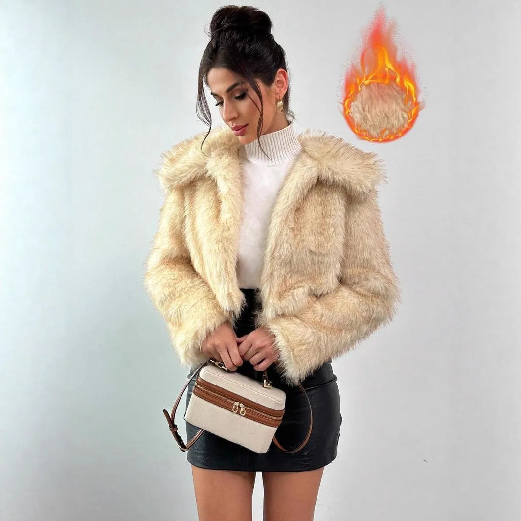 Womens faux fur coat short length long sleeve fur collar cute style warm winter jacket