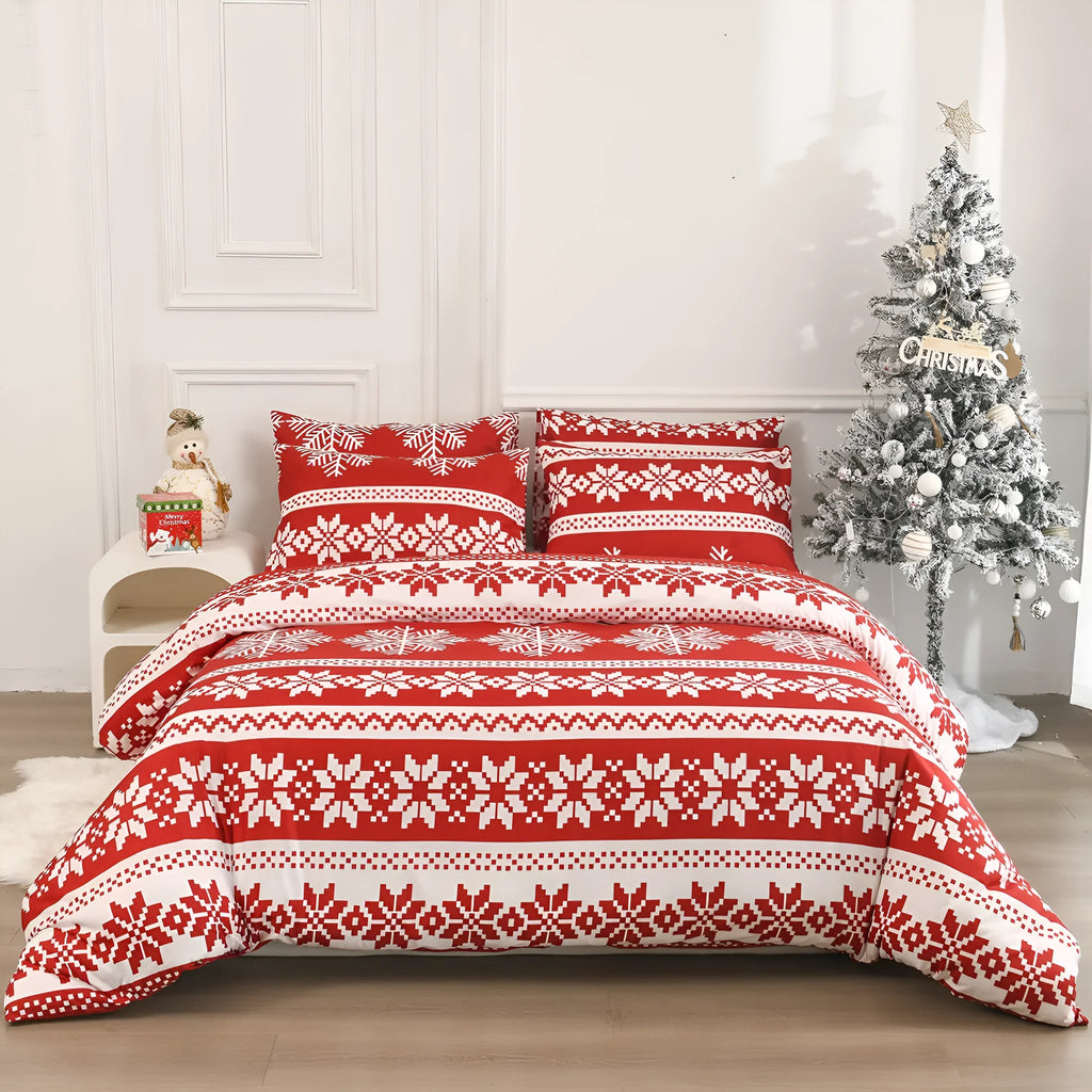 Red Christmas Love Song pattern bed three-piece set with quilt cover and pillowcases on a bed