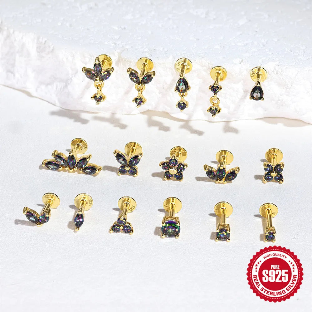 S925 sterling silver geometry earring with rainbow stone and flat head thread piercing post in a gold colour.