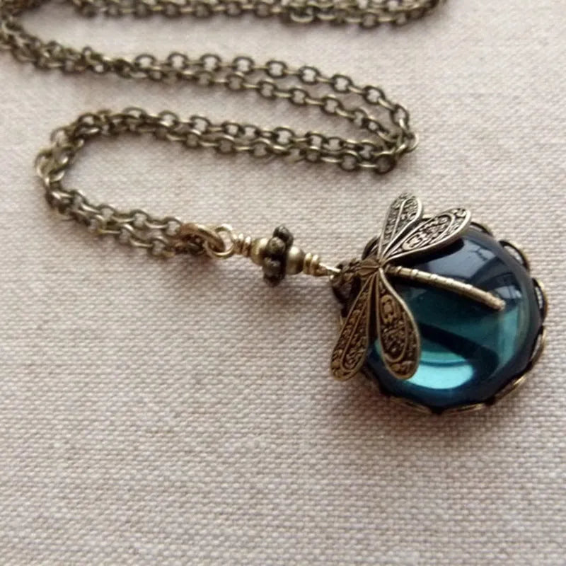 Yellow dragonfly pendant necklace with hand-carved vintage bronze design on 925 silver