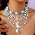 Five-layer starfish shell bead necklace with conch pendant in blue and multicolour options