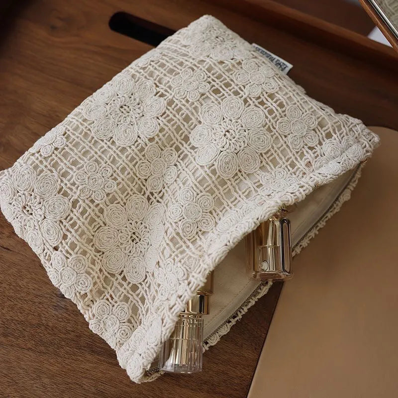 Handmade corduroy cosmetic bag with crocheted hollow flowers and ethnic embroidery in rope colour