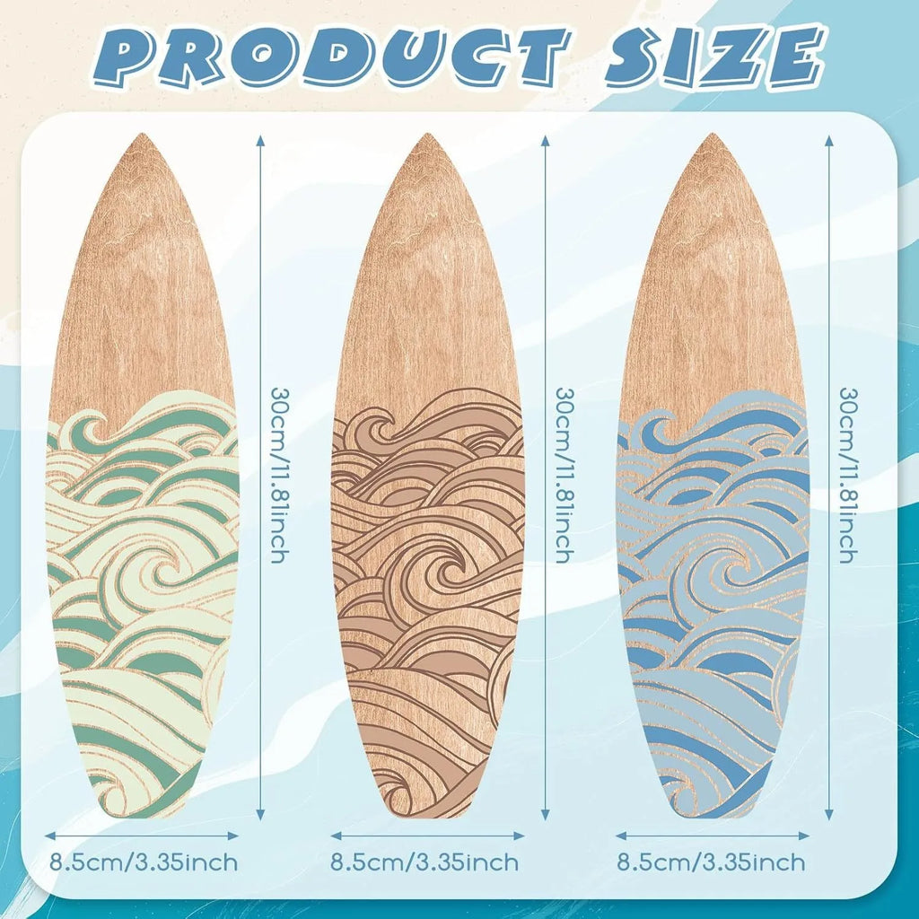 Three wooden surfboard wall decorations made from boxwood, arranged in a row, European style, each 8.5x30cm