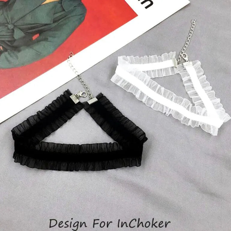 Alloy velvet flower pendant necklace with snake bones chain and ruffled clavicle section in black, light coffee, or white.