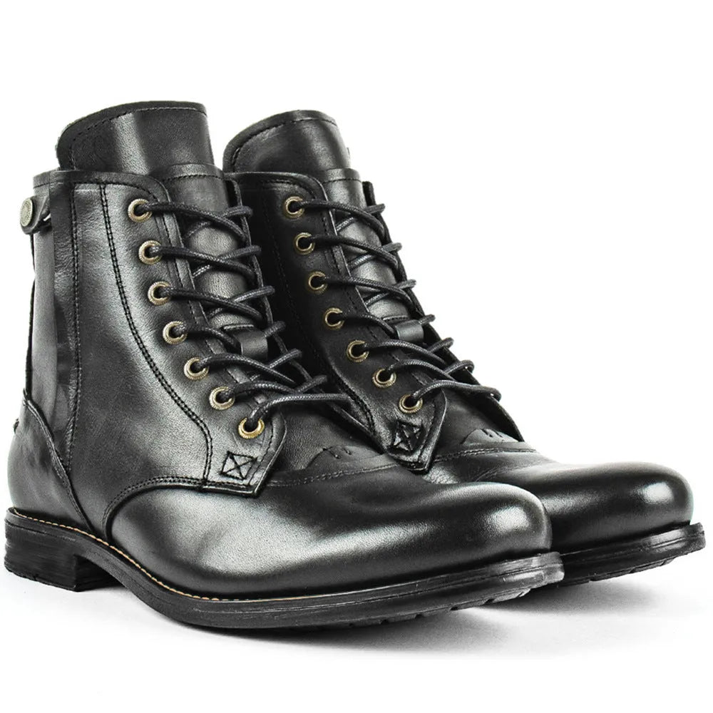 Men's black and brown Knight Series leather boots with a side zipper and low heel.