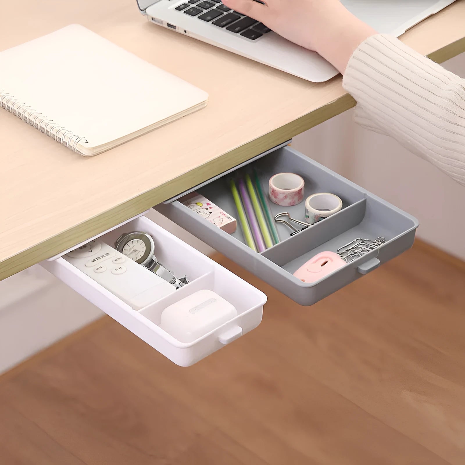 Plastic under desk storage box with grid lid in multiple colour options