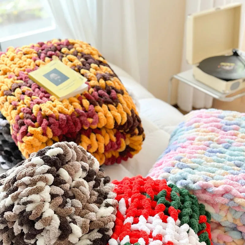 Handmade striped chenille cover blanket in caramel mango colour measuring 130 by 170 centimetres