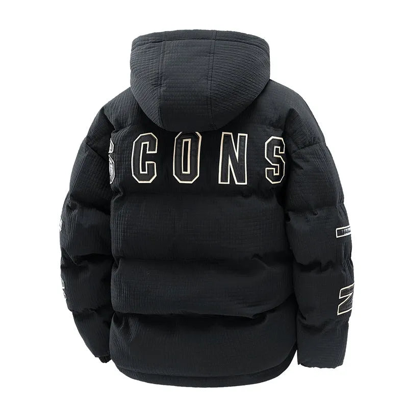 Men's black hooded winter coat with white letter print, shown as a cardigan with side pockets.