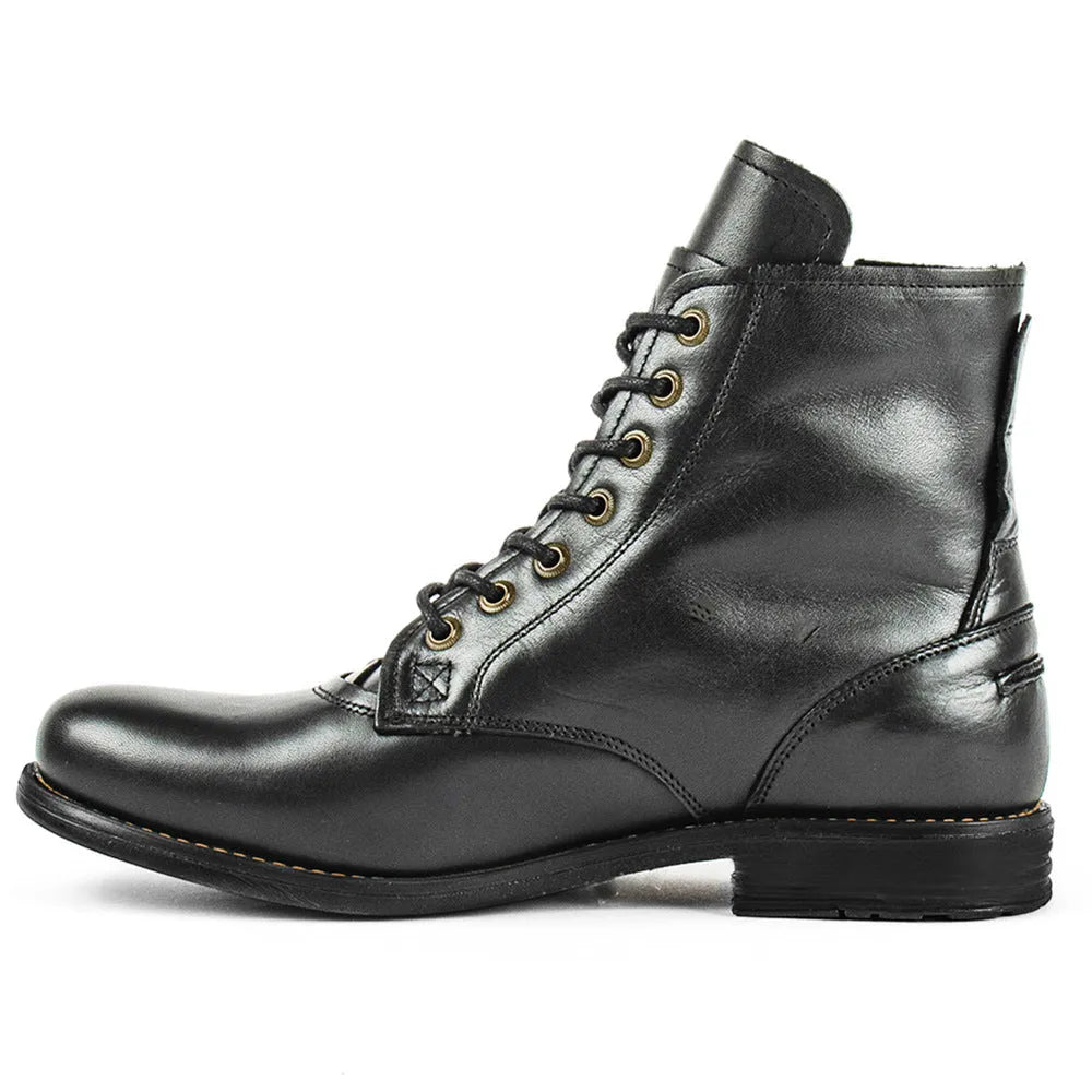 Men's black and brown Knight Series leather boots with a side zipper and low heel.