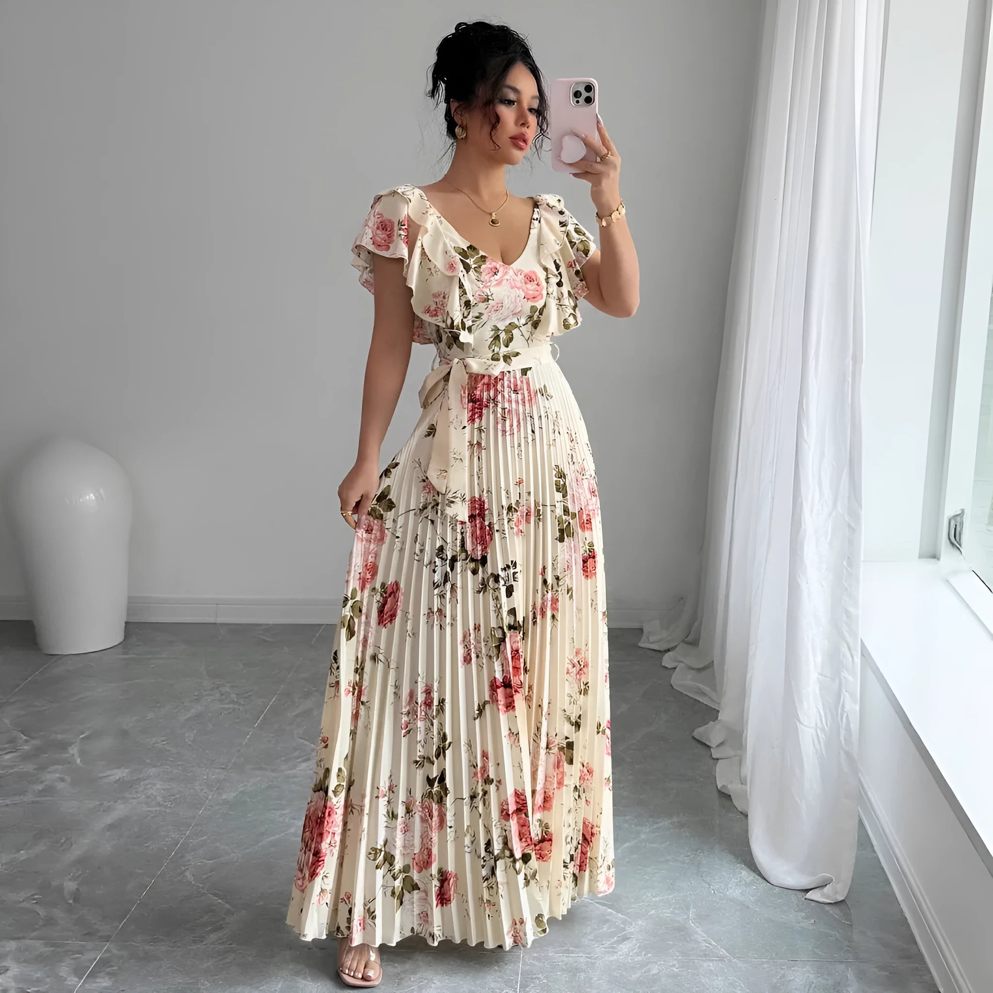 Apricot floral print v-neck dress with ruffled sleeves and swing skirt
