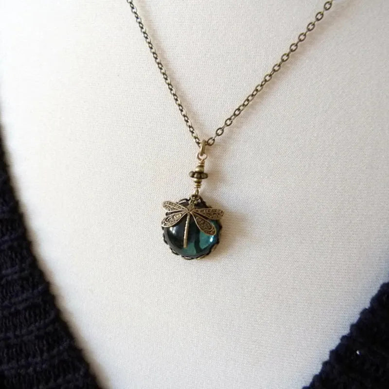 Yellow dragonfly pendant necklace with hand-carved vintage bronze design on 925 silver