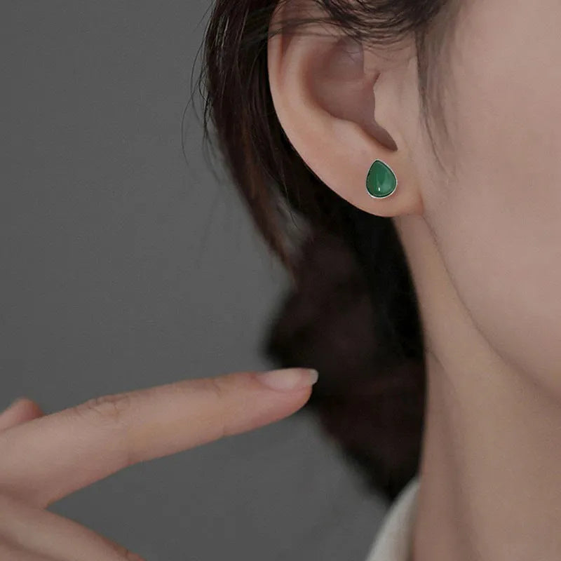 New Chinese style women's earrings copper water drop Hetian jade ear studs white gold finish