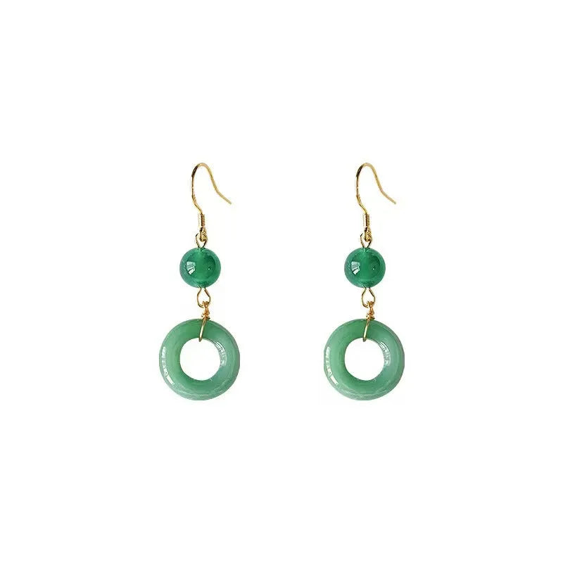 Geometric cheongsam peace buckle earrings in jade green zinc alloy