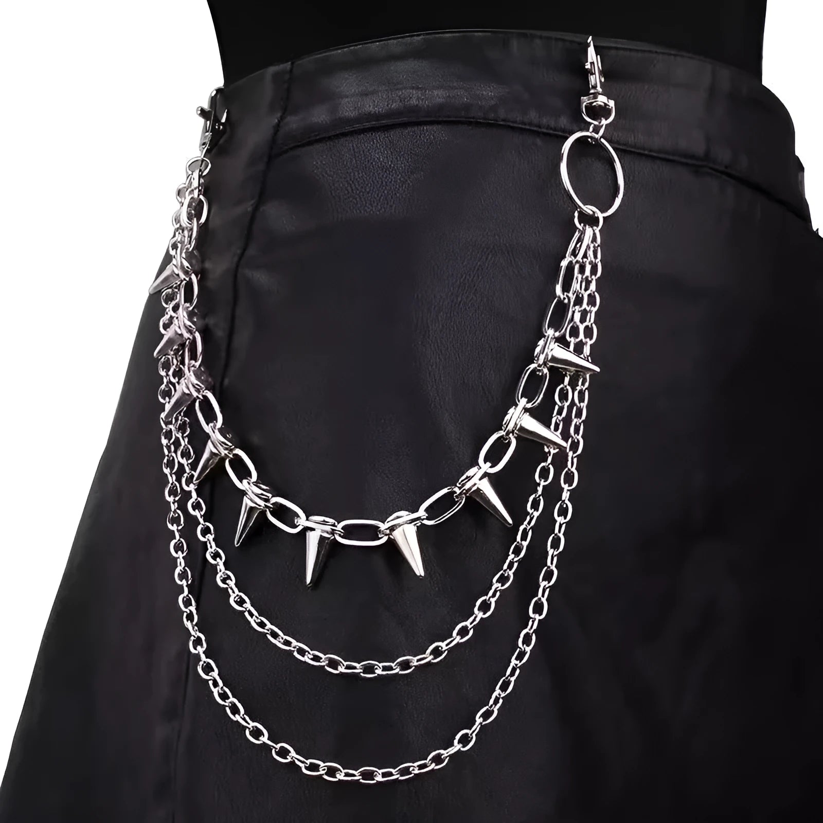 Silver double-layer metal trousers chain with adjustable zipper measuring 115cm length