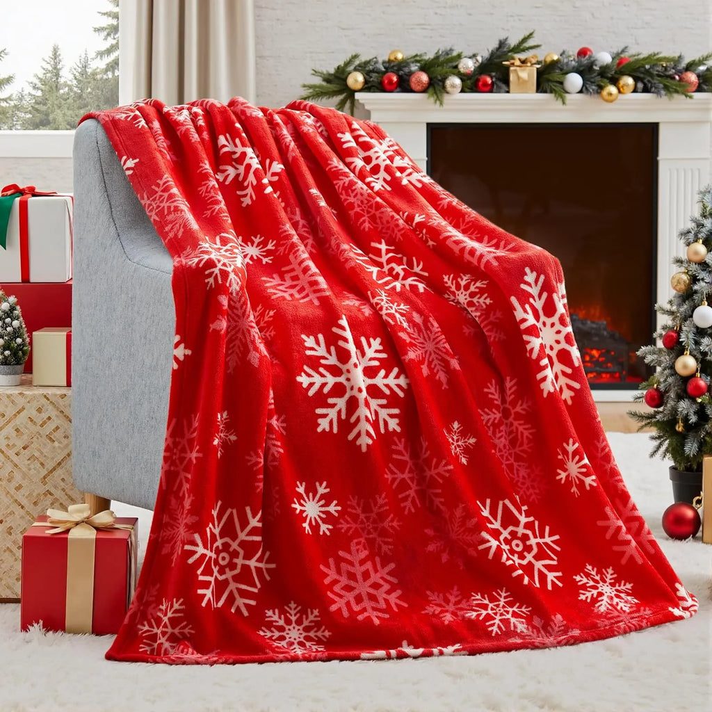 Soft plush flannel Christmas blanket in polyester fibre, shown in an American style, available in multiple sizes and colours.