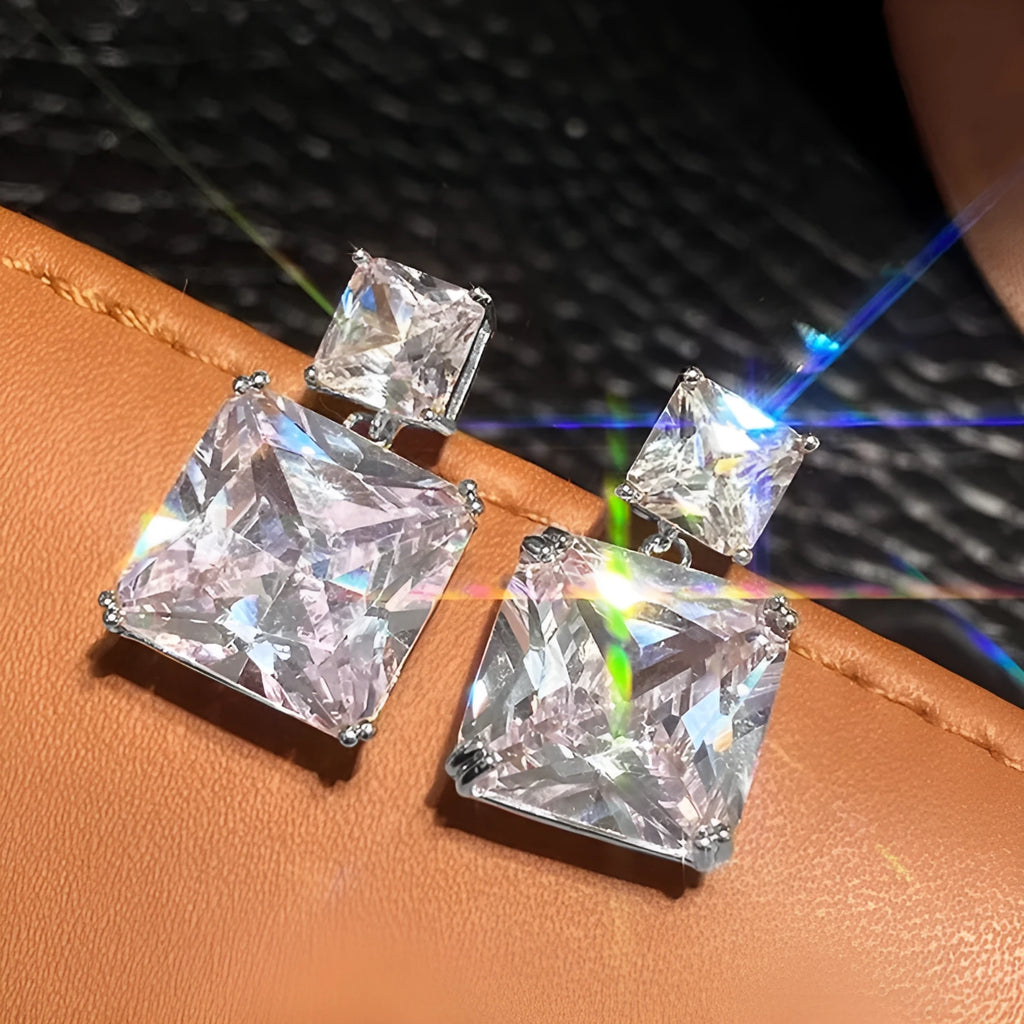 Geometric square copper earrings with quadrilateral ornament in white gold or gold colour finish