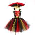 Girls sleeveless pirate costume dress with black sequins, red gauze mesh, and lace details on a black skirt.