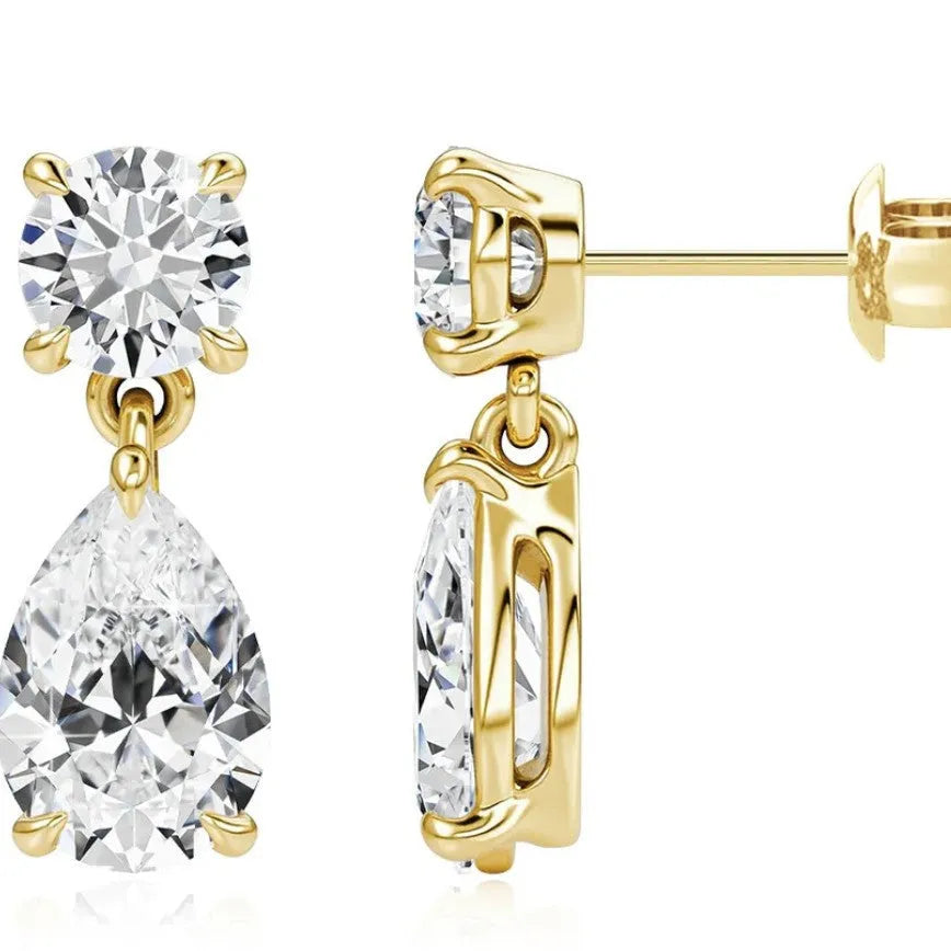 Sterling silver stud earrings with round and water drop moissanite stones in gold or silver plating