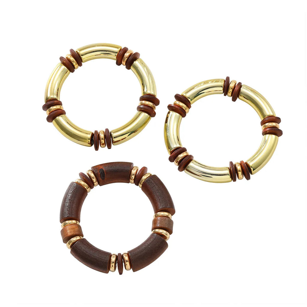 Women's multi-layer wooden necklace and bracelet set in exaggerated European style with alloy construction