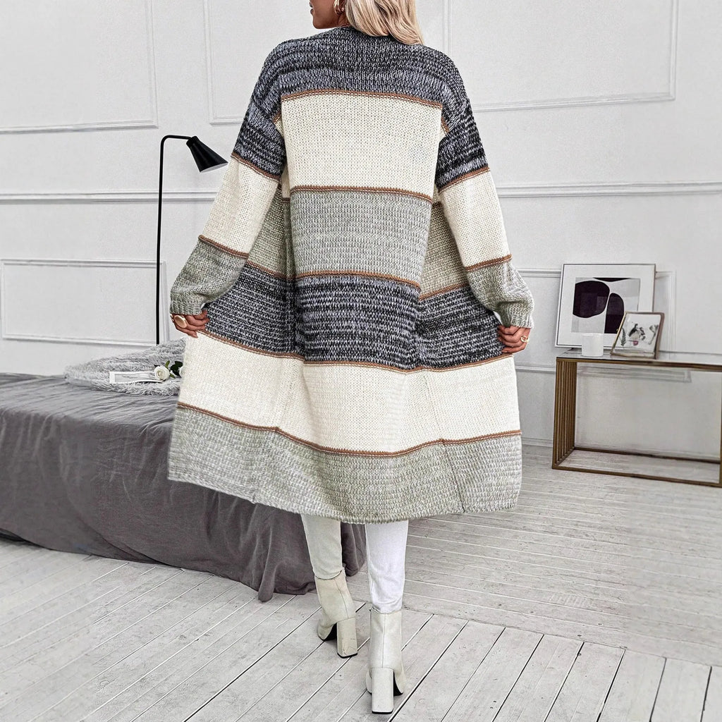Grey women's knitted long cardigan with striped pattern, loose fit street fashion style