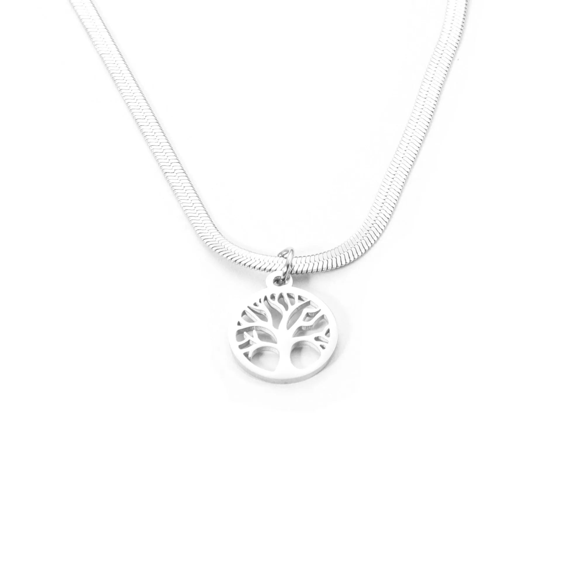 Stainless steel necklace with tree pendant on adjustable snake chain in gold colour