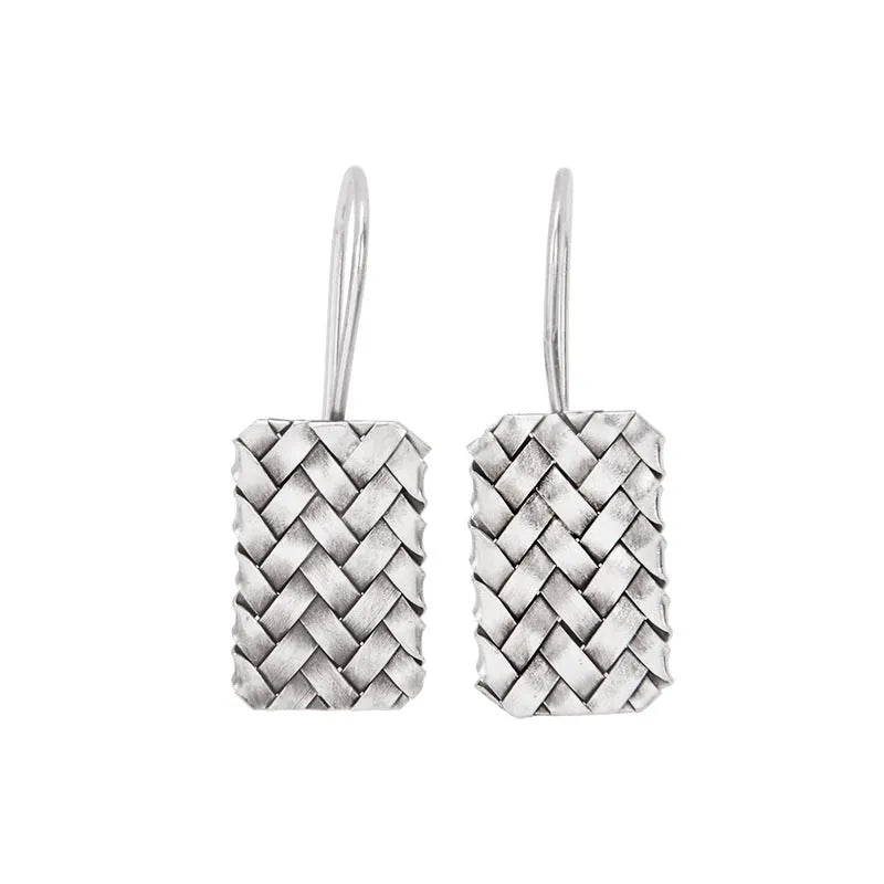925 silver geometric woven diamond plaid earrings on a plain background